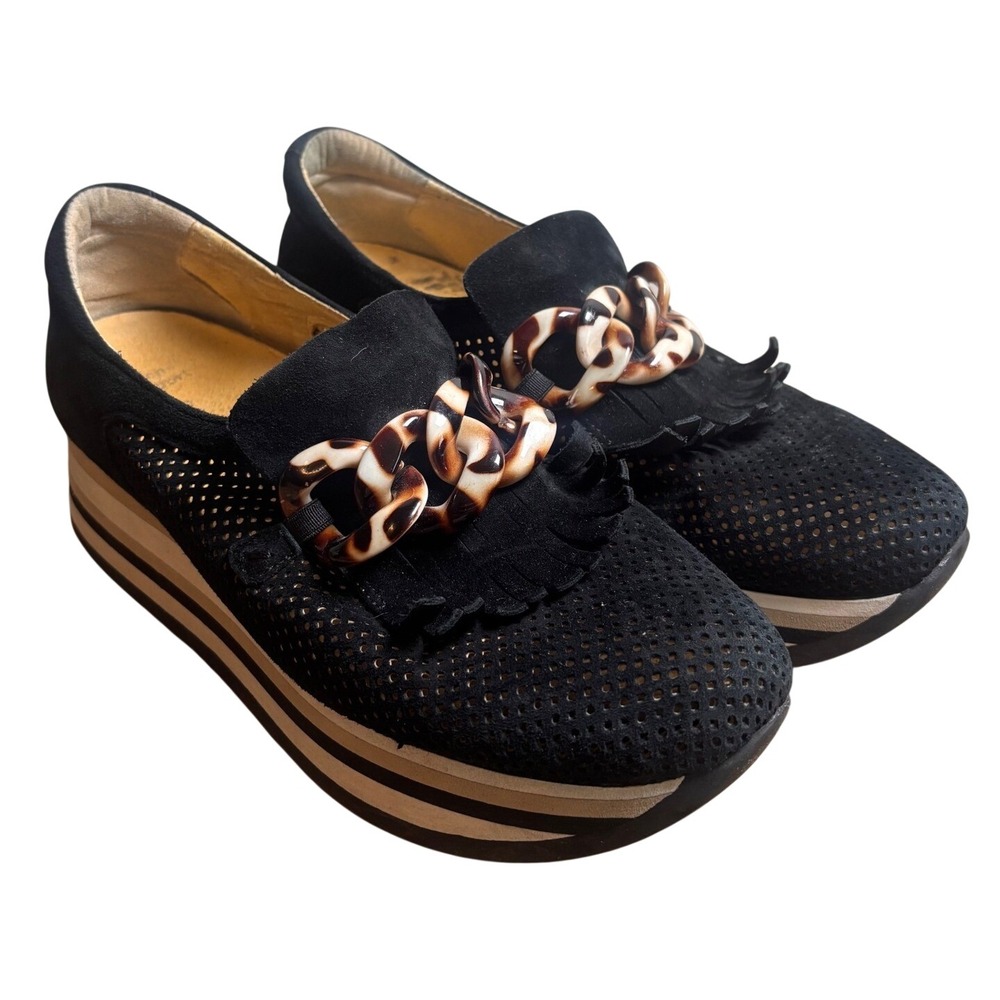Softwaves Black Suede Platform Loafers Tortoiseshell Chain Kiltie‎ Fringe EU 39